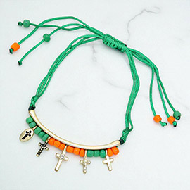 Stone Paved Cross Charm Beaded Thread Adjustable Cinch Pull Tie Bracelet