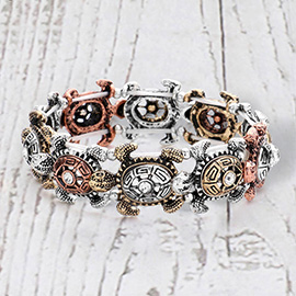 Antique Metal Stone Centered Turtle Link Stretch Bracelet