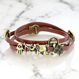 Message Disc Cluster Evil Eye Hamsa Hand & Elephant Faux Leather Wrap Bracelet