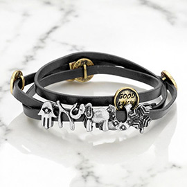Message Disc Cluster Evil Eye Hamsa Hand Elephant Leather Wrap Bracelet