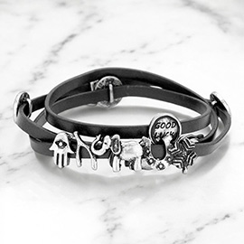 Message Disc Cluster Evil Eye Hamsa Hand & Elephant Faux Leather Wrap Bracelet