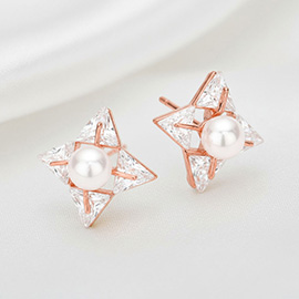 Pearl Centered Crystal CZ Stone Star Stud Earrings
