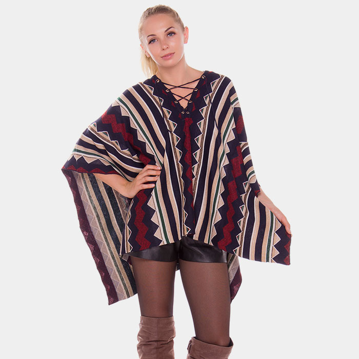 Geometric stripe lace up detail poncho