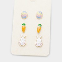 3 Pairs - Enamel bunny & carrot happy Easter stud earrings