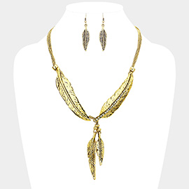 Stone Trim Leaf Dangle Necklace