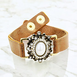 Stone Trimmed Antique Oval Pearl Accent Snap Button Bracelet