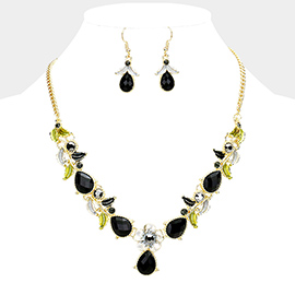 Colored Metal Flower Leaf Teardrop Stone Bib Necklace
