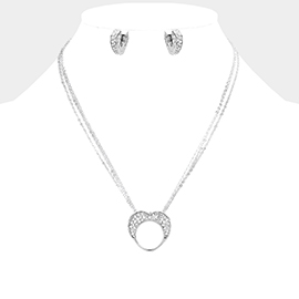 Crystal Rhinestone Pave Heart Cutout Round Pendant Necklace