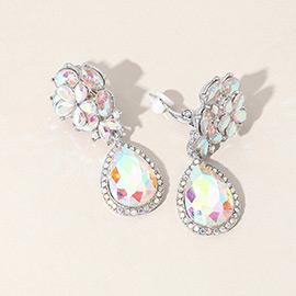 Flower Glass Crystal Teardrop Dangle Clip On Earrings