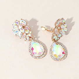 Flower Glass Crystal Teardrop Dangle Clip On Earrings