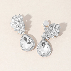 Flower Glass Crystal Teardrop Dangle Clip On Earrings