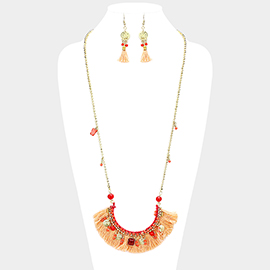 Multi Bead Detail Thread Fringe Long Necklace