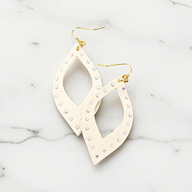 Crystal Embellished Cutout Leather Leaf Earrings