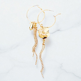 Metal Flower Rhinestone Pave Tassel Hoop Earrings