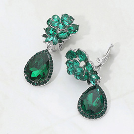 Flower Glass Crystal Teardrop Dangle Clip On Earrings