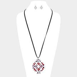 Enamel Aztec Pattern Pendant Leather Long Necklace