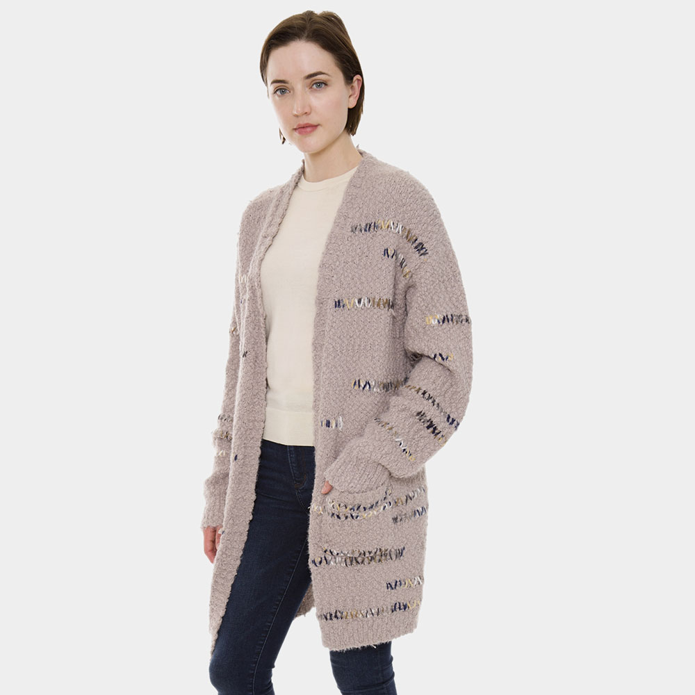 Dark Color Stripe Solid Long Sleeve Pockets Cardigan