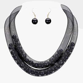 Double Mesh Tube Pearl Collar Necklace