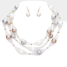 Triple Mesh Tube Pearl Collar Necklace