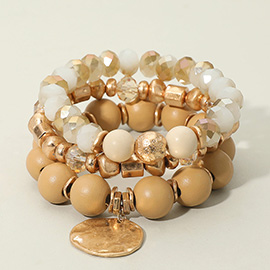 3PCS - Wood Ball Multi Bead  Charm Layered Stretch Bracelets