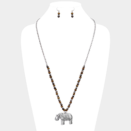 Burnished Metal Elephant Pendant Beaded Long Necklace