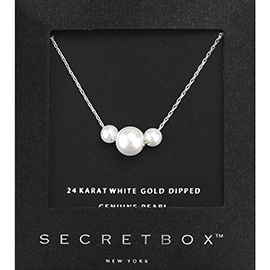 SECRET BOX_24K White Gold Dipped Triple Genuine Pearl Pendant Necklace