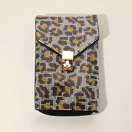 Leopard Patterned Bling Studded Rectangle Flap Crossbody Cellphone Bag