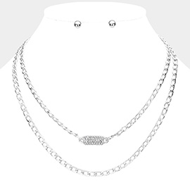 Rhinestone Embellished Rectangle Pendant Accented Layered Necklace