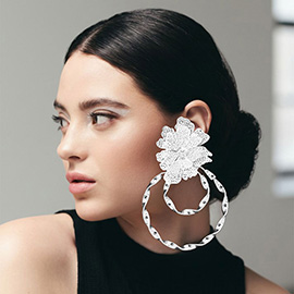 Stone Center Flower Accented Twisted Open Metal Circle Layered Earrings