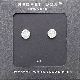 SECRET BOX_ 24K White Gold Dipped CZ Round Stud Earrings