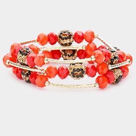 3PCS - Leopard Patterned Shamballa Ball Faceted Beaded Stretch Bracelets