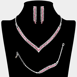 3PCS - Round Stone Detail Rhinestone Necklace Jewelry Set
