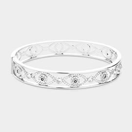 Rhodium Plated CZ Evil Eye Accent Hinged Bangle Bracelet