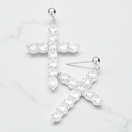 White Gold Dipped CZ Embellished Cross Dangle Earrings