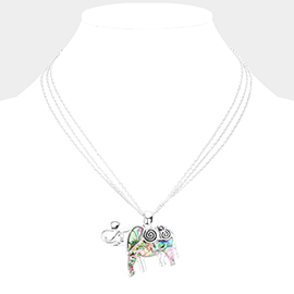Abalone Metal Elephant Pendant Triple Chain Layered Necklace