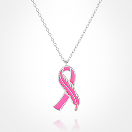 White Gold Dipped Enamel Feather Detailed Pink Ribbon Pendant Necklace