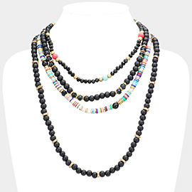 Multi Layered Wood Heishi Beaded Bib Necklace