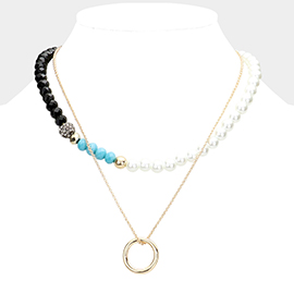 Open Metal Circle Pendant Pearl Shamballa Ball Faceted Beaded Necklace