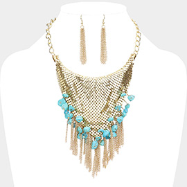 Natural Stone Cluster Metal Chain Fringe Necklace