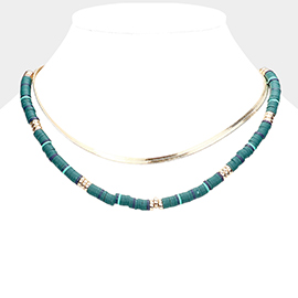 Metal Chain Heishi Beaded Double Layered Necklace