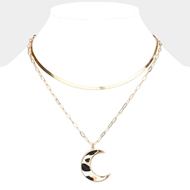 Leopard Patterned Genuine Leather Crescent Moon Pendant Double Layered Necklace