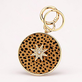 Cheetah Patterned Genuine Leather Calf Round Keychain Bag Charm