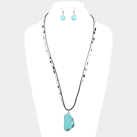 Turquoise Pendant Cow Patterned Faux Leather Long Necklace