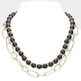 Beaded Open Metal Oval Link Double Layered Necklace