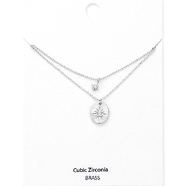 CZ Embellished Brass Metal North Star Pendant Double Layered Necklace