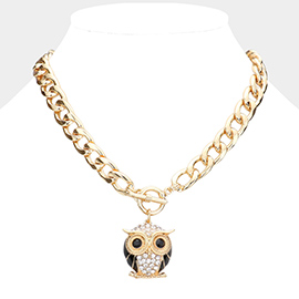 Stone Embellished Owl Pendant Toggle Necklace