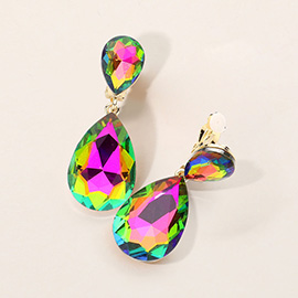 Glass Crystal Double Teardrop Clip On Evening Earrings
