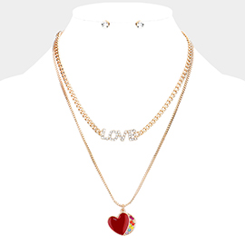 2PCS - Rhinestone Embellished Metal LOVE Message Enamel Heart Pendant Necklaces