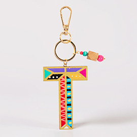 -T- Geometric Patterned Wood Initial Monogram Keychain Bag Charm