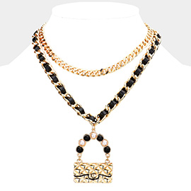 2PCS - Metal Chain Pearl Embellished Bag Pendant Necklaces